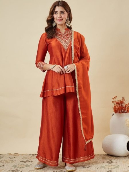 Intricate Orange Vichitra Silk Kurti Palazzo Dupatta Set with Embroidery Work 3 Piece Kurti Set