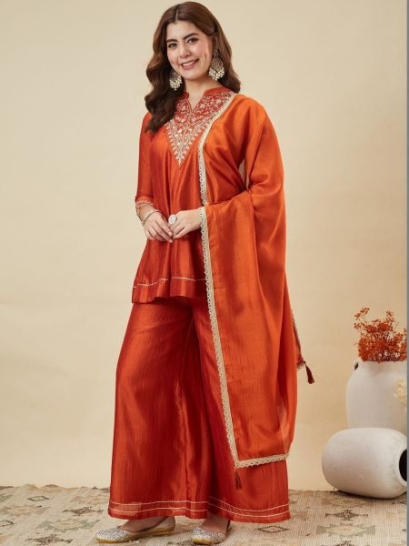 Intricate Orange Vichitra Silk Kurti Palazzo Dupatta Set with Embroidery Work 3 Piece Kurti Set