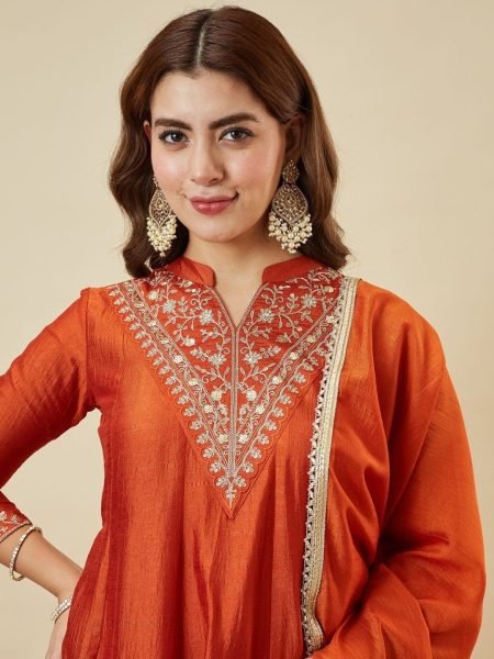 Intricate Orange Vichitra Silk Kurti Palazzo Dupatta Set with Embroidery Work 3 Piece Kurti Set