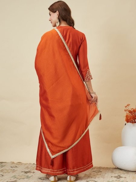 Intricate Orange Vichitra Silk Kurti Palazzo Dupatta Set with Embroidery Work 3 Piece Kurti Set