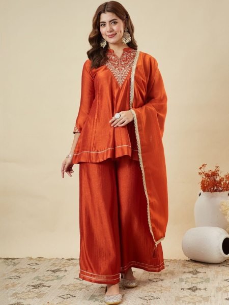 Intricate Orange Vichitra Silk Kurti Palazzo Dupatta Set with Embroidery Work 3 Piece Kurti Set