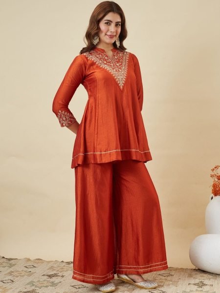 Intricate Orange Vichitra Silk Kurti Palazzo Dupatta Set with Embroidery Work 3 Piece Kurti Set