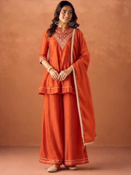 Intricate Orange Vichitra Silk Kurti Palazzo Dupatta Set with Embroidery Work 3 Piece Kurti Set
