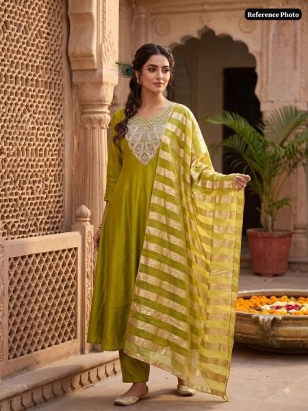 Intricate Parrot Glass Roman Silk Anarkali Kurti Pant Dupatta Set with Beads Work Kurtis