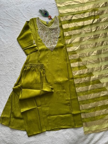 Intricate Parrot Glass Roman Silk Anarkali Kurti Pant Dupatta Set with Beads Work Anarkali Kurtis 