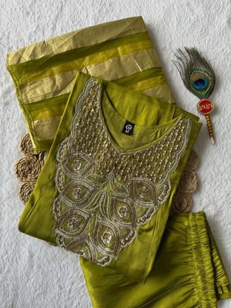 Intricate Parrot Glass Roman Silk Anarkali Kurti Pant Dupatta Set with Beads Work Anarkali Kurtis 