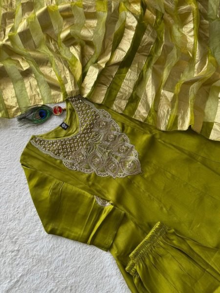 Intricate Parrot Glass Roman Silk Anarkali Kurti Pant Dupatta Set with Beads Work Anarkali Kurtis 
