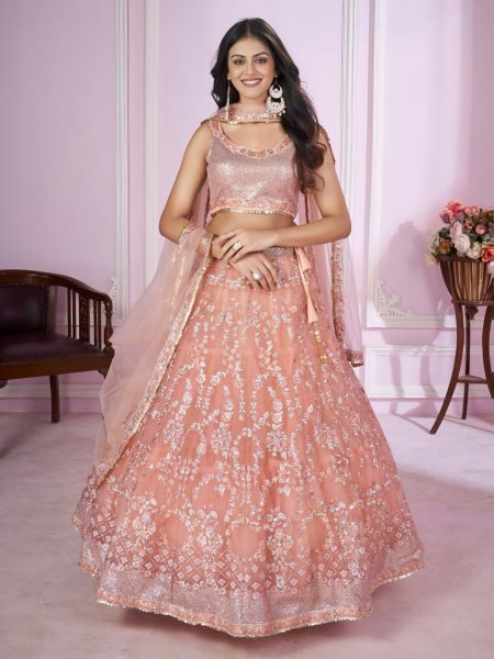 Intricate Peach Floral Embroidered Net Lehenga Set with Matching Dupatta   Lehenga