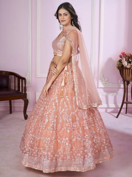 Intricate Peach Floral Embroidered Net Lehenga Set with Matching Dupatta  Bridal Lehenga Choli