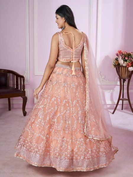 Intricate Peach Floral Embroidered Net Lehenga Set with Matching Dupatta  Bridal Lehenga Choli