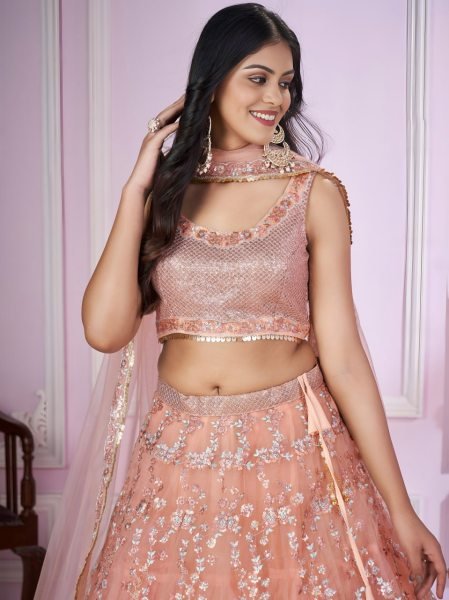 Intricate Peach Floral Embroidered Net Lehenga Set with Matching Dupatta  Bridal Lehenga Choli