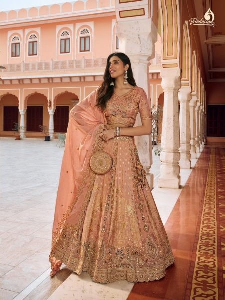 Intricate Peach Heavy Work Designer Bridal Lehenga with Fancy Silk Dupatta  Lehenga