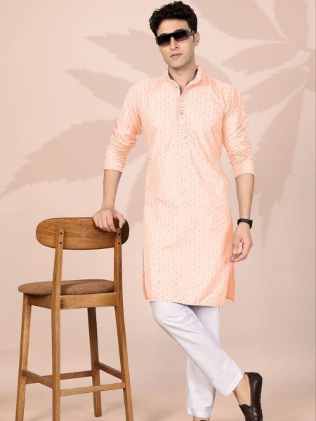 Intricate Peach Men Lucknowi Kurta with Regular Fit for Wedding Wear 