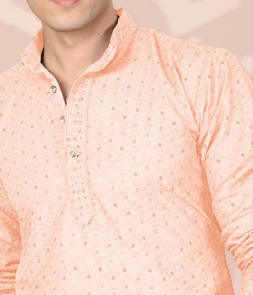 Intricate Peach Men Lucknowi Kurta with Regular Fit for Wedding Wear Kurta Pajama Wholesale