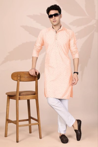 Intricate Peach Men Lucknowi Kurta with Regular Fit for Wedding Wear Kurta Pajama Wholesale