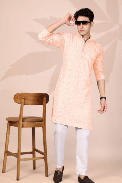 Intricate Peach Men Lucknowi Kurta with Regular Fit for Wedding Wear Kurta Pajama Wholesale