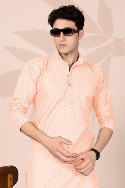 Intricate Peach Men Lucknowi Kurta with Regular Fit for Wedding Wear Kurta Pajama Wholesale