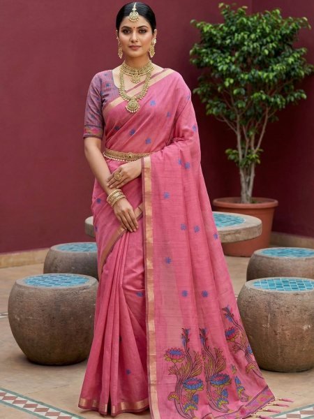 Intricate Pink Designer Muga Cotton Saree with Rich Zari Border for Festive Gatherings Sarees 