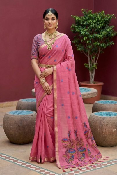 Intricate Pink Designer Muga Cotton Saree with Rich Zari Border for Festive Gatherings Printed Cotton Sarees Wholesale