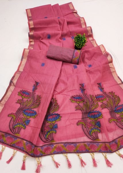Intricate Pink Designer Muga Cotton Saree with Rich Zari Border for Festive Gatherings Printed Cotton Sarees Wholesale