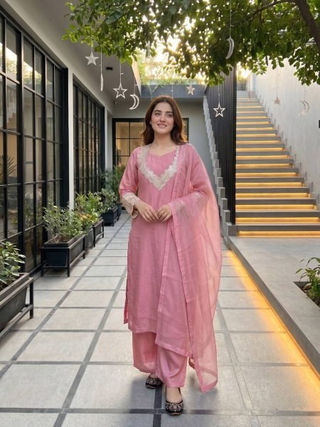 Intricate Pink Fendy Silk Top Plazzo Set with Embroidery Work for Festive Wear Ready To Wear Suit