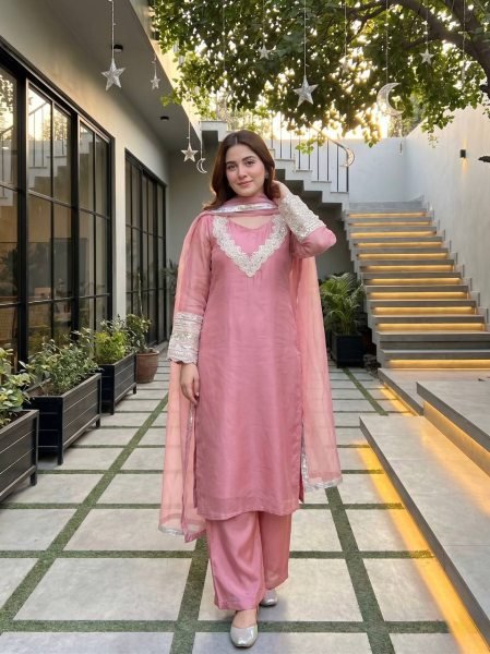 Intricate Pink Fendy Silk Top Plazzo Set with Embroidery Work for Festive Wear Ready To Wear Collection