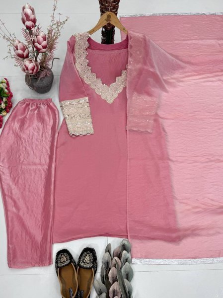 Intricate Pink Fendy Silk Top Plazzo Set with Embroidery Work for Festive Wear Ready To Wear Collection
