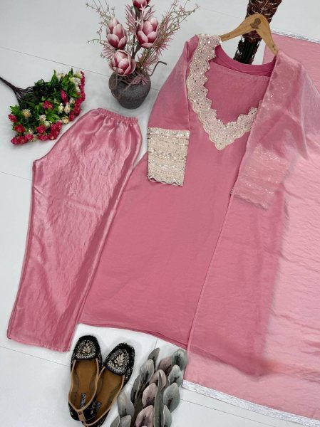 Intricate Pink Fendy Silk Top Plazzo Set with Embroidery Work for Festive Wear Ready To Wear Collection