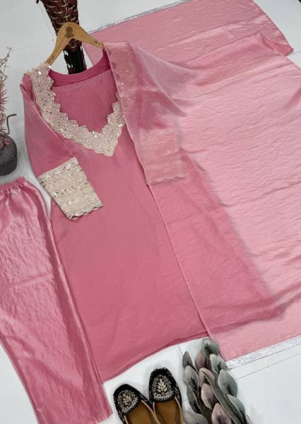 Intricate Pink Fendy Silk Top Plazzo Set with Embroidery Work for Festive Wear Ready To Wear Collection