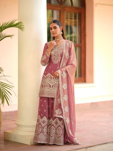 Intricate Pink Golden Embroidery Festive Palazzo Style Suit With Dupatta Salwar Kameez
