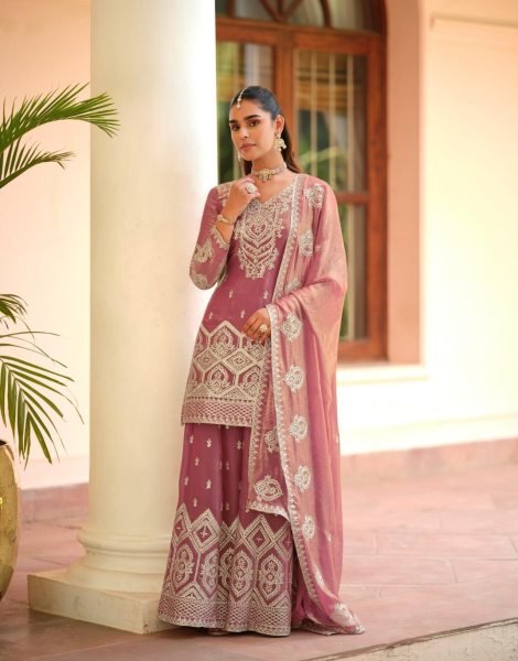 Intricate Pink Golden Embroidery Festive Palazzo Style Suit With Dupatta Designer Plazzo Salwar Suits Wholesale