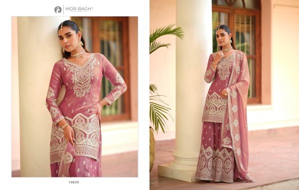 Intricate Pink Golden Embroidery Festive Palazzo Style Suit With Dupatta Designer Plazzo Salwar Suits Wholesale