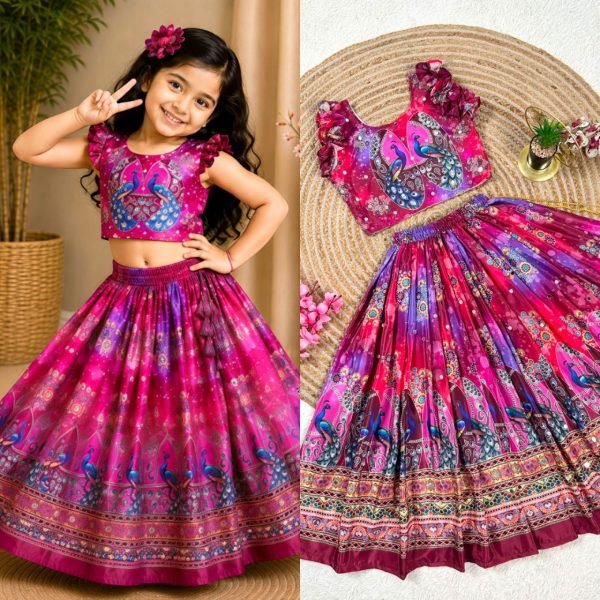 Intricate Pink Organza Silk Lehenga with Digital Print and Mirror Work Girls Wear