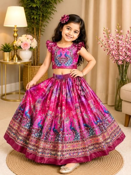 Intricate Pink Organza Silk Lehenga with Digital Print and Mirror Work Girls Wear