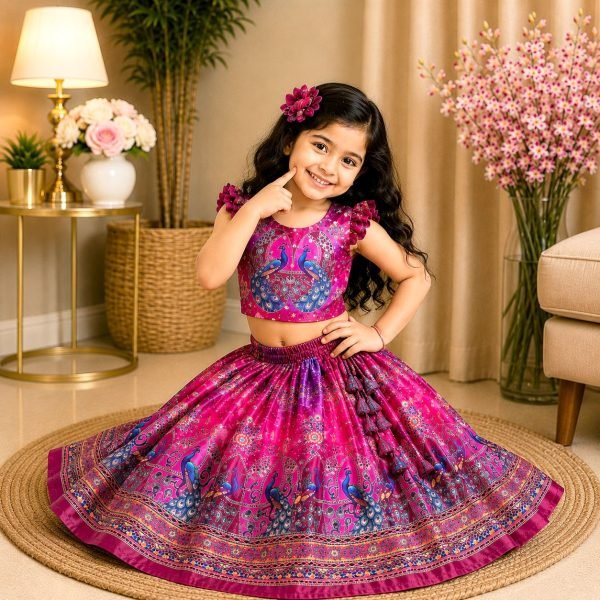 Intricate Pink Organza Silk Lehenga with Digital Print and Mirror Work Girls Wear