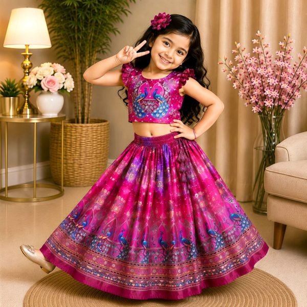 Intricate Pink Organza Silk Lehenga with Digital Print and Mirror Work Girls Wear