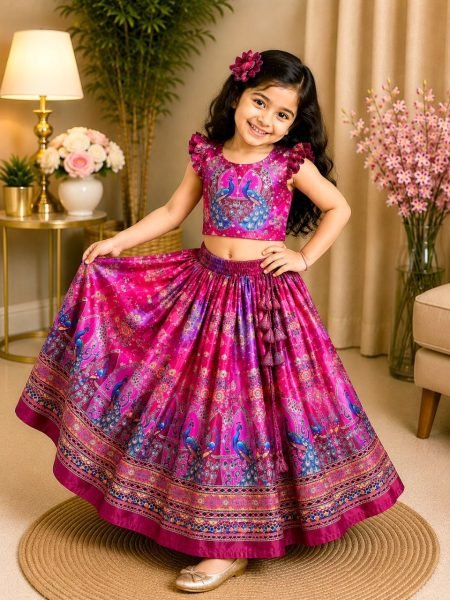 Intricate Pink Organza Silk Lehenga with Digital Print and Mirror Work Girls Wear