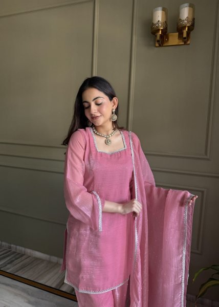 Intricate Pink Premium Crunchy Silk Farshi Suit with Ready-to-Wear Salwar for Festival Ready To Wear Collection