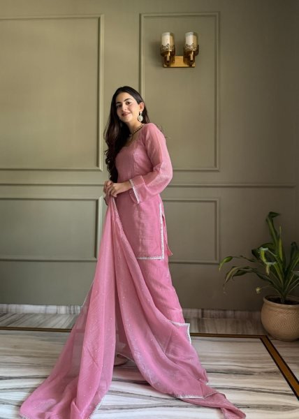 Intricate Pink Premium Crunchy Silk Farshi Suit with Ready-to-Wear Salwar for Festival Ready To Wear Collection