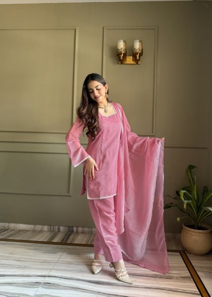 Intricate Pink Premium Crunchy Silk Farshi Suit with Ready-to-Wear Salwar for Festival Ready To Wear Collection