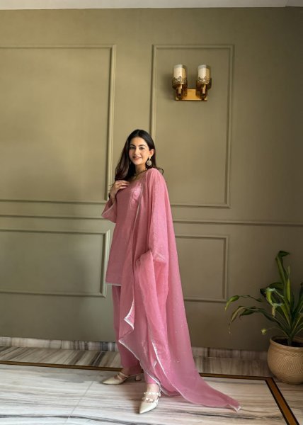 Intricate Pink Premium Crunchy Silk Farshi Suit with Ready-to-Wear Salwar for Festival Ready To Wear Collection