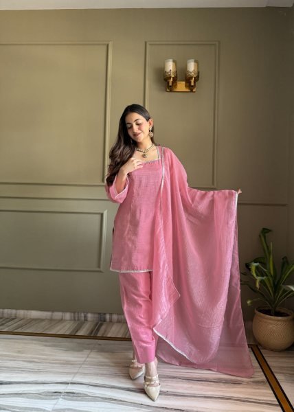 Intricate Pink Premium Crunchy Silk Farshi Suit with Ready-to-Wear Salwar for Festival Ready To Wear Collection