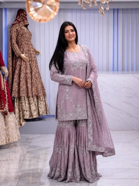 Intricate Pink Pure German Chinon 3PC Suit Set with Sequins Embroidery and Lace Border 