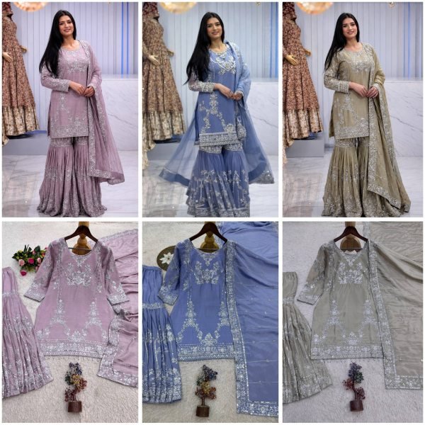 Intricate Pink Pure German Chinon 3PC Suit Set with Sequins Embroidery and Lace Border Ready To Wear Collection
