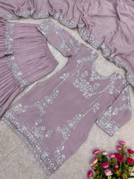 Intricate Pink Pure German Chinon 3PC Suit Set with Sequins Embroidery and Lace Border Ready To Wear Collection