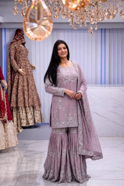 Intricate Pink Pure German Chinon 3PC Suit Set with Sequins Embroidery and Lace Border Ready To Wear Collection