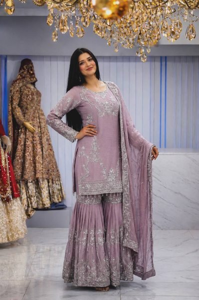 Intricate Pink Pure German Chinon 3PC Suit Set with Sequins Embroidery and Lace Border Ready To Wear Collection