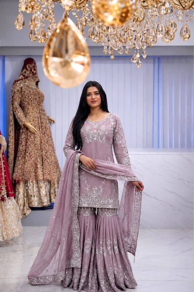 Intricate Pink Pure German Chinon 3PC Suit Set with Sequins Embroidery and Lace Border Ready To Wear Collection