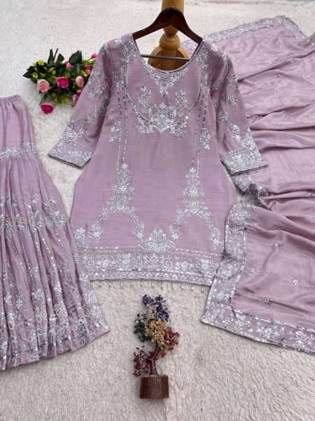 Intricate Pink Pure German Chinon 3PC Suit Set with Sequins Embroidery and Lace Border Ready To Wear Collection