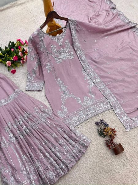 Intricate Pink Pure German Chinon 3PC Suit Set with Sequins Embroidery and Lace Border Ready To Wear Collection